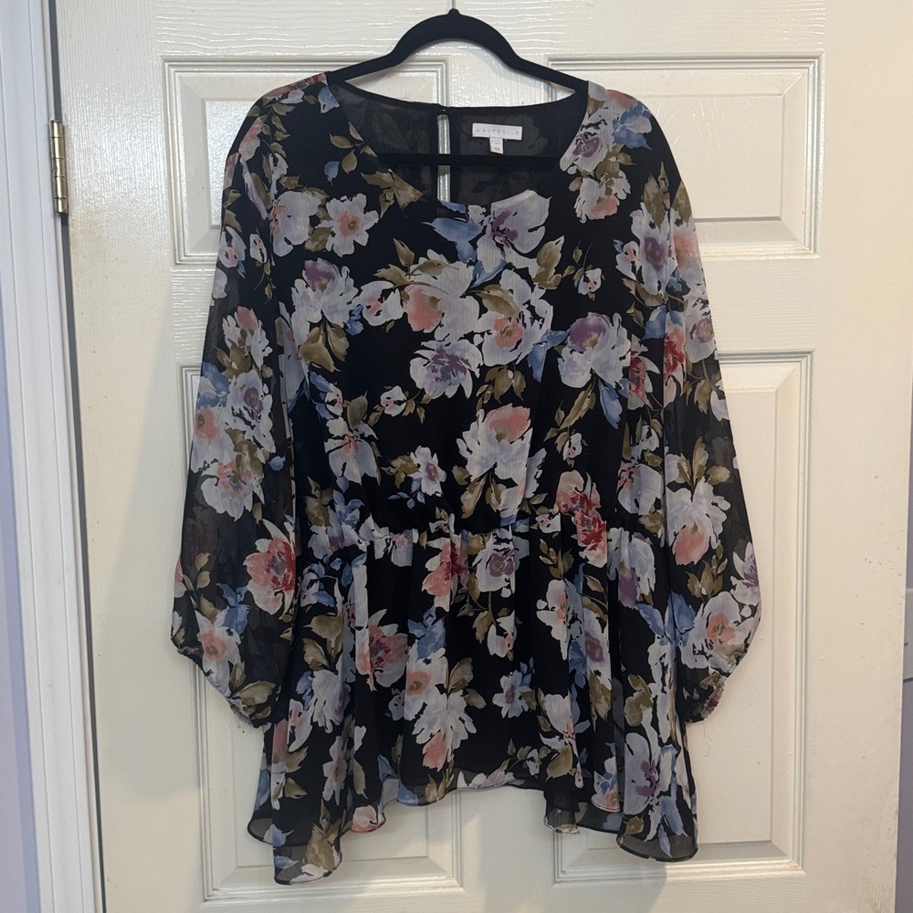 Marybelle Ariah Chic Floral Women's Blouse - 4X 3/4 Sleeves Semi Sheer Lined